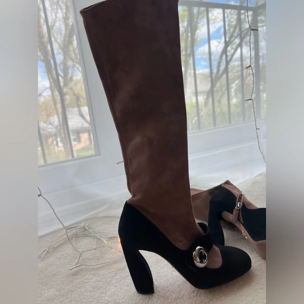 Prada Runway Knee High Suede Blush Pink Black High Heels Sock Boot Trompe L'oeil - Picture 8 of 14